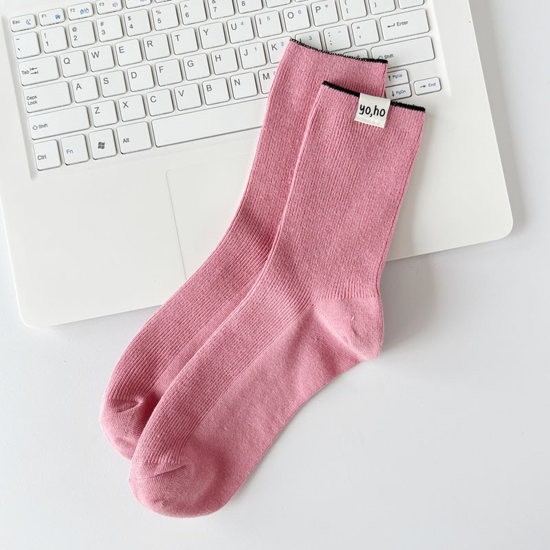 Dopamine tide cream colored children's spring and summer breathable middle tube pile fabric label women's socks, double_voghion.com