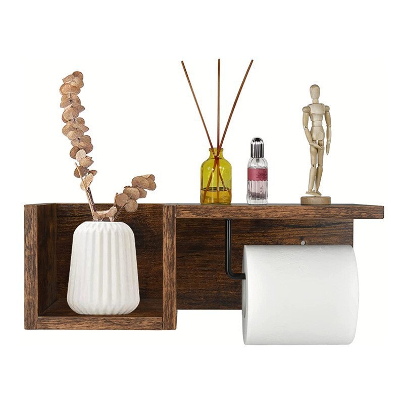Toilet Paper Wood Shelf Wall Mounted Wooden Toilet Paper Holder with Storage Farmhouse Tissue Roll Holder Bathroom Organizer Wood
