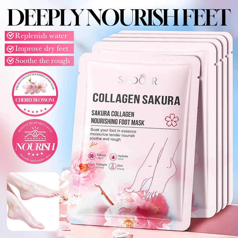Cross-border in-stock cherry blossom foot mask SADOER collagen moisturizing and nourishing foot mask direct sales from foreign trade factory