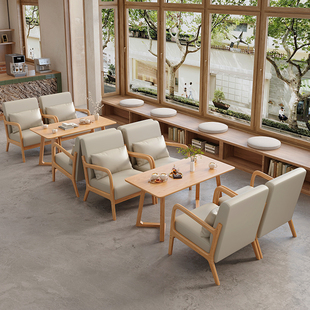 ♔ Log Style Milk Tea Shop Cafe Solid Wood Table and Chair Combination Hotel B&B Living Room Reception Negotiation Sofa Card