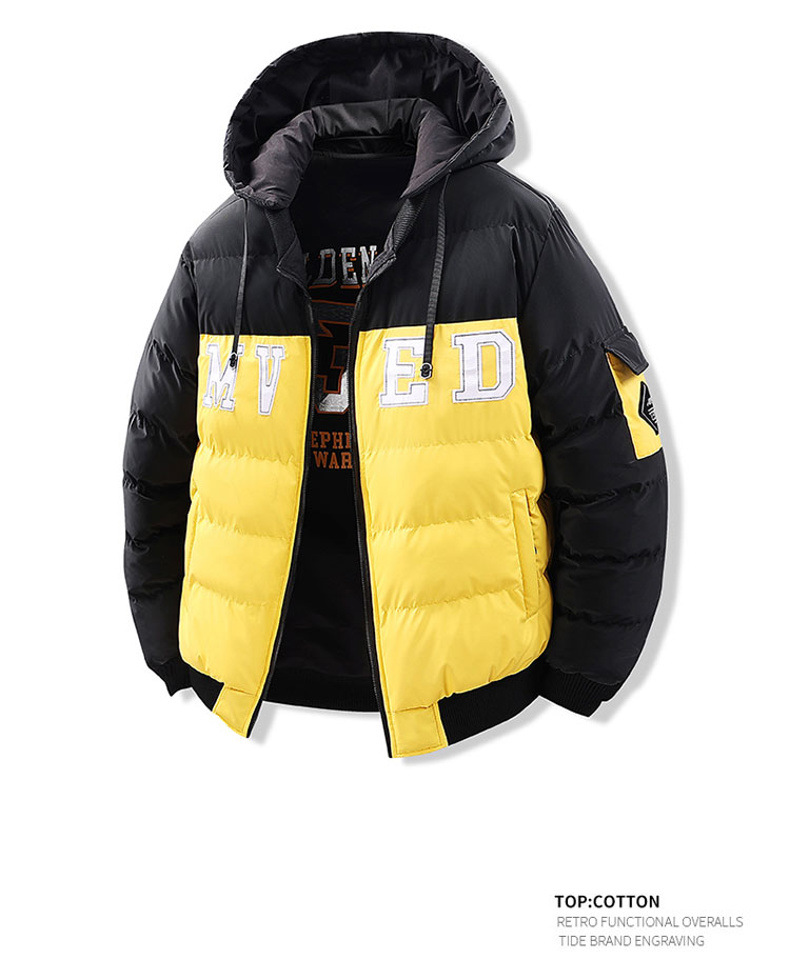 Wattierte Herrenjacke mit Stickerei, Daunenfüllung, dicker Baumwolle, kontrastfarbenem Futter, lockerer, abnehmbarer Mütze und doppelseitiger Kapuze_voghion.com