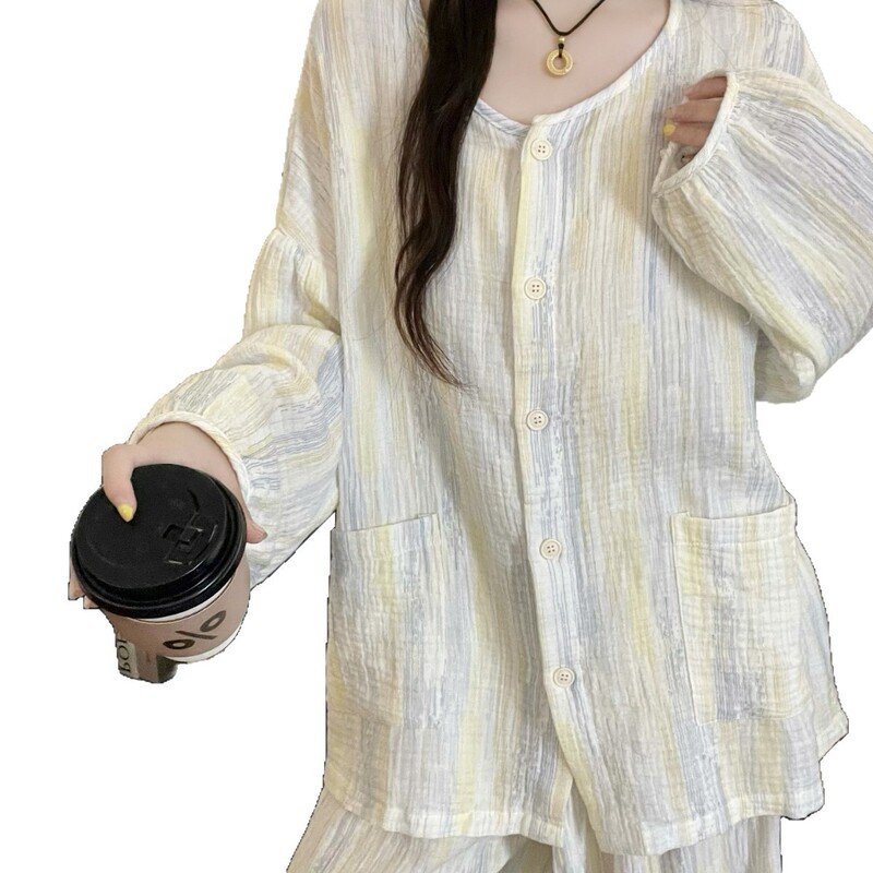 2025春秋季新款睡衣女韩版甜美开衫带胸垫家居服套装cross-border|undefined
