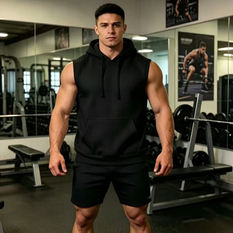 Cross-Border European and American Size Standard Small Checkered Men's Vest Casual Sleeveless Training Fitness Sports Hoodie Vest