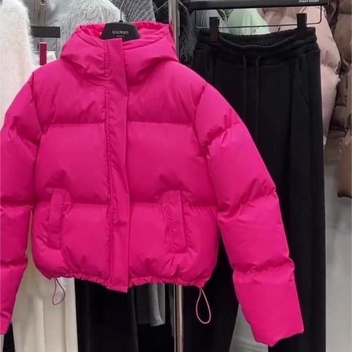 Autumn and Winter European and American Unique Design Style Super Cute Stand Collar Pitaya Color Short Length Thick Cotton Coat Outerwear for Women - New Arrival