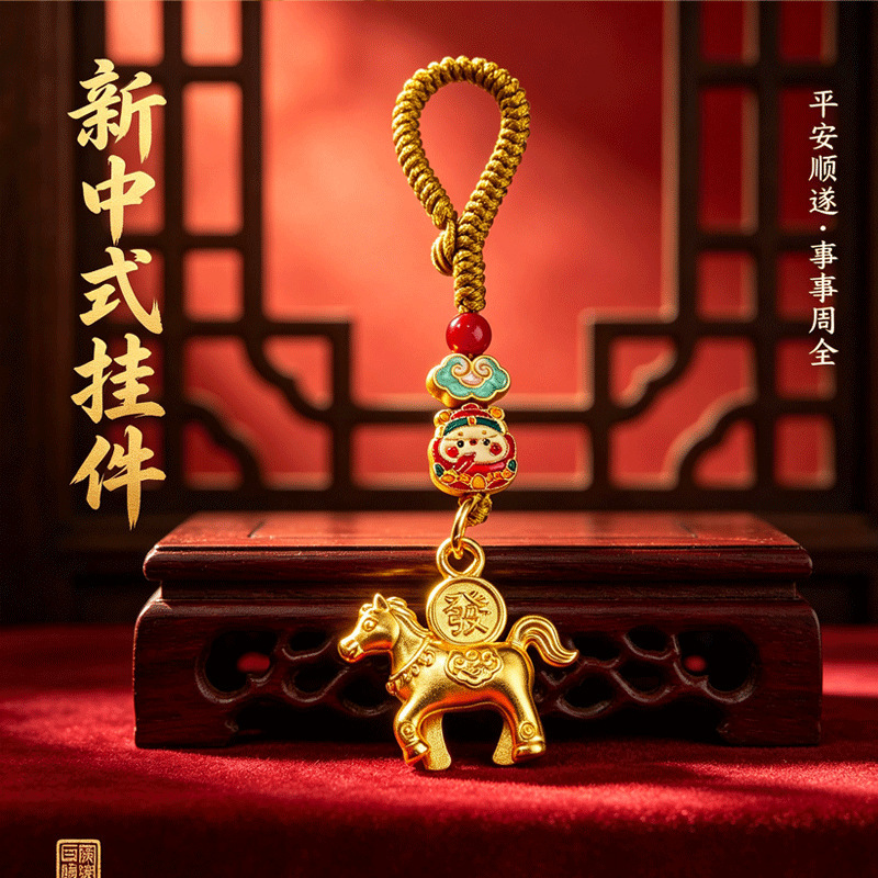 一件代发鎏金马上发财铜钱小马挂饰彩色珐琅中国结手工编织钥匙扣
