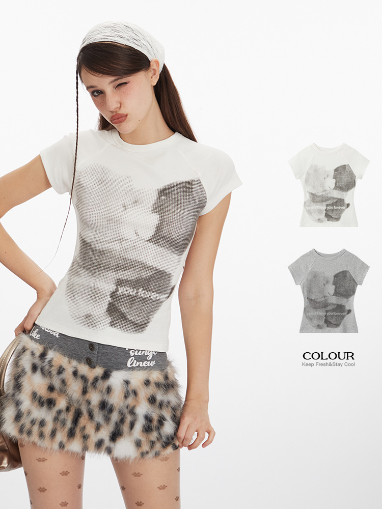 HeyHenry アメリカン右肩クマプリントスリム半袖 Tシャツ女性のための 2025 新しいラウンドネックホットガールショートトップ