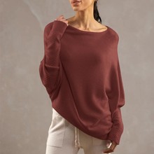 欧美大码女装纯色一字领套头针织跨境爆款宽松蝙蝠袖毛衣中长款女