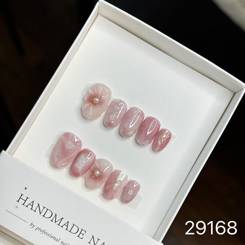 【純手作りのつけ爪29-32】ロングフレンチキャットアイパッチ付け爪、取り外し可能なネイルアートコレクション|undefined