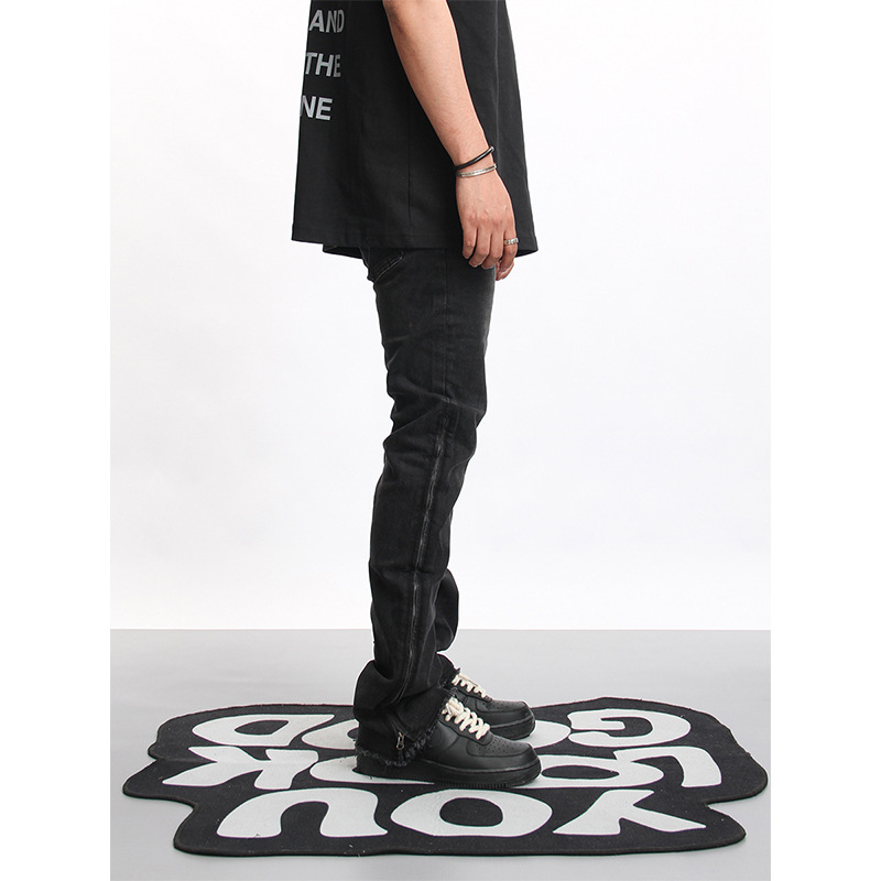 AKAMA pantalones sueltos de calle alta con cremallera, pies delgados, jeans negros elásticos, pantalones micro-acampanados de moda para hombres