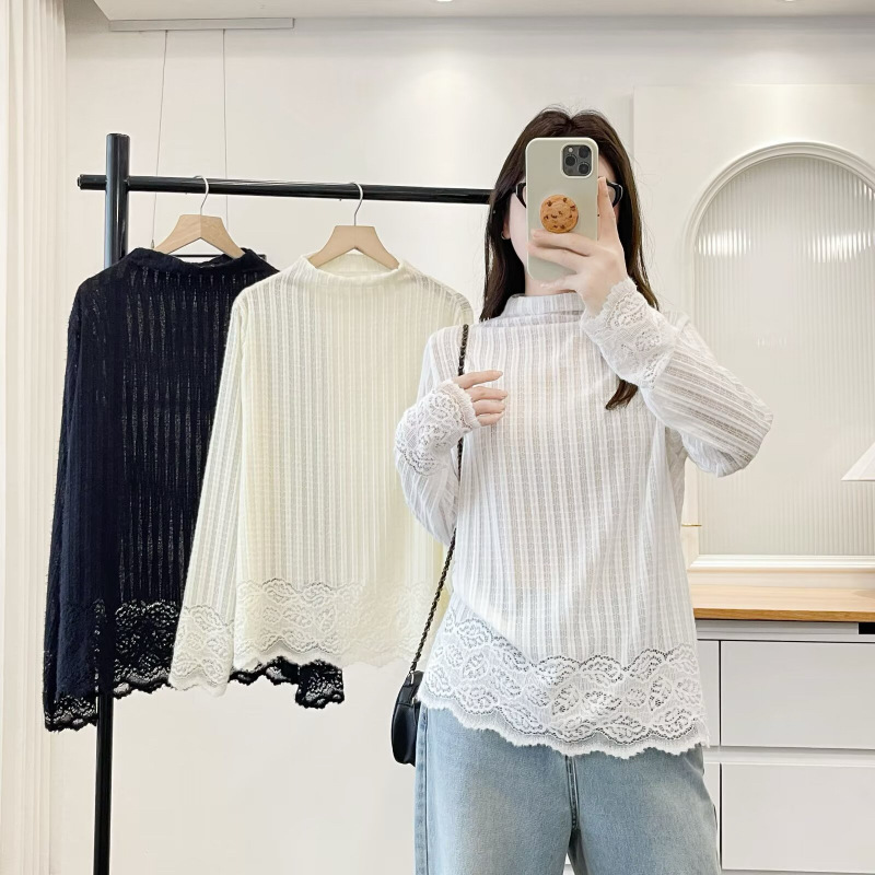 Plus Size Women's Fashion Lace Trim High Neck Knit Sweater Autumn Slim Fit Sweater 562651