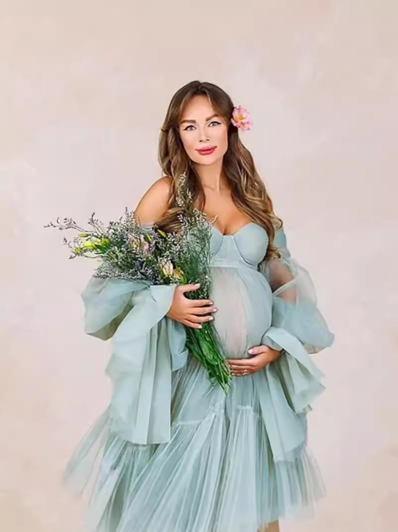 Nuevo cross-border caliente de tela de malla suave para fotos de mujeres embarazadas, vestido de mangas largas, falda de abdomen grande