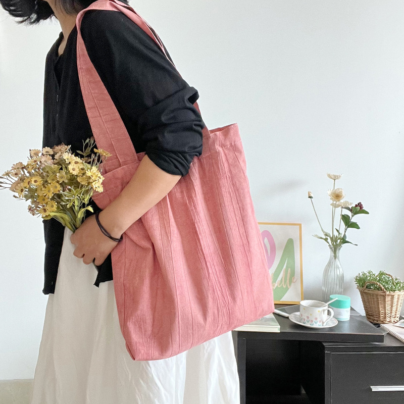 Spring and Summer New Retro Texture Vertical Strip Bag Minimalist Luxury Raspberry Powder Shoulder Bag Cotton Pleated Tie-Dye Bag