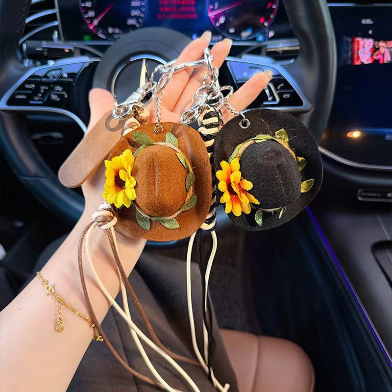 Sunflower Yellow Flower Cowboy Hat Car Keychain Pendant Leather Braided Rope Bag Charm Personalized Decoration Wholesale