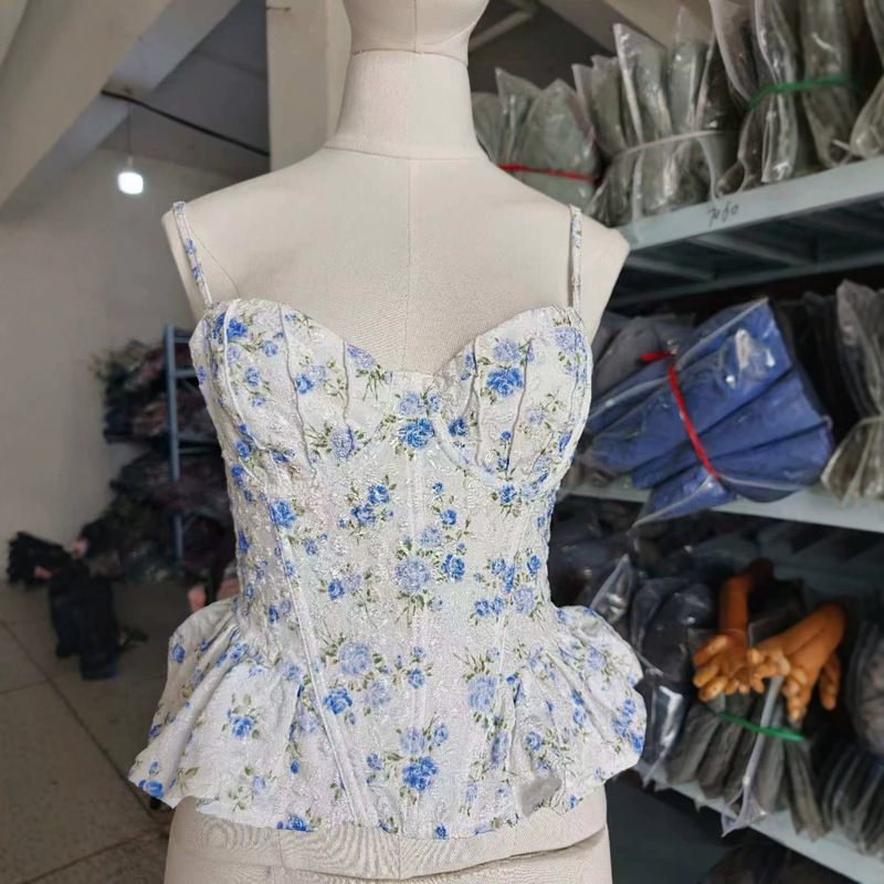 Ins European and American Style Spring and Summer Floral Irregular Ruffles Slimming New Sexy Backless Tie-Up Bustier