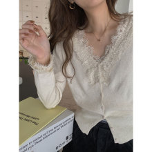 【歌铭】设计感小众蕾丝针织开衫女秋季新款V领修身气质上衣W797H