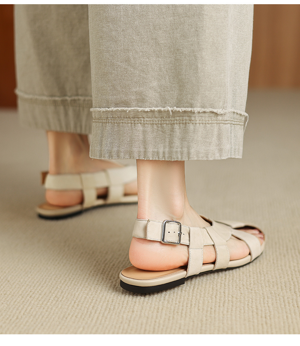 Sandal nữ bệt bọc mũi da bò đan vintage phong cách La Mã — Gạch đỏ chi tiết 14