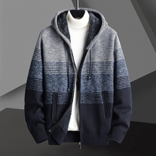 男装连帽提花条纹长袖加绒加厚保暖毛衣外套男士拼色针织衫