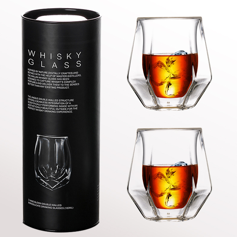 Nuevo estilo whisky copa de vino estilo europeo creativo transfronterizo copa de vino de vidrio doble capa copa de vino casera caja de regalo cilíndrico embalaje