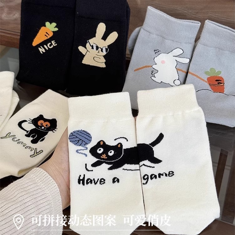 可爱卡通袜子女中筒袜春秋纯棉ins潮网红韩版设计感长袜夏季薄款|undefined
