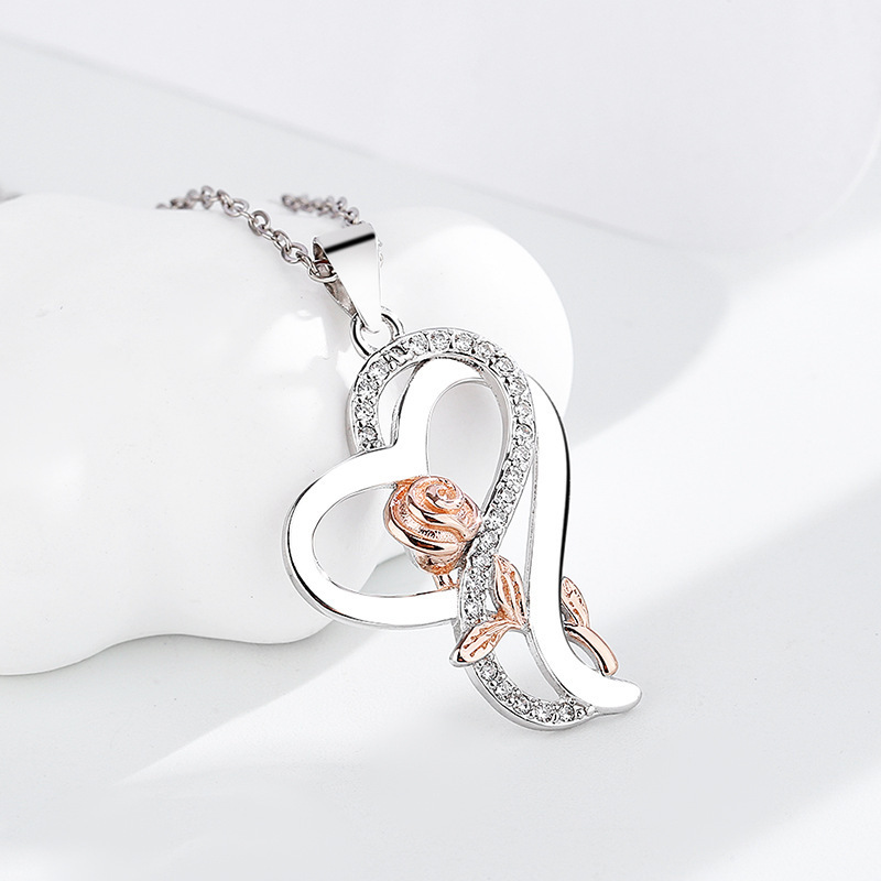 925 Sterling Silver Material Heart Shape, Rose Pattern All Seasons Season 925 Sterling Silver Heart Shape Rose Pendant Necklace