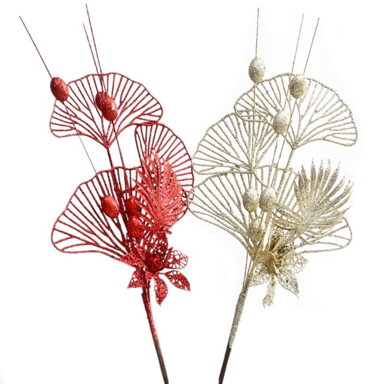 Polvo de oro personalizado lirio hoja de ventilador de Navidad decoración rama de árbol de Navidad inserción atmósfera suministros de simulación de rama de lirio