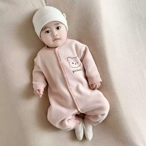 Pink-lh solid color bear head jumpsuit [Australian velvet]