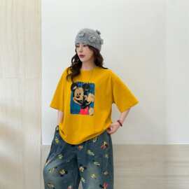 2026夏新款卡通米奇印花宽松圆领短袖T恤女百搭复古休闲上衣6813