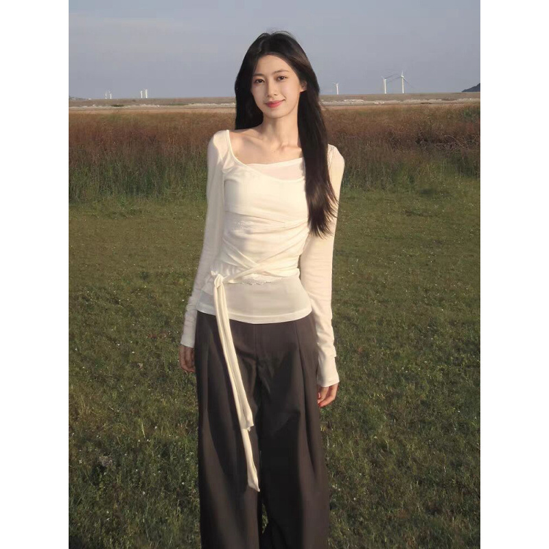 Factory Direct Sales Rayon 270g Spliced Mesh Original Workmanship Korean Style Gentle Style Asymmetrical Long-Sleeved Top