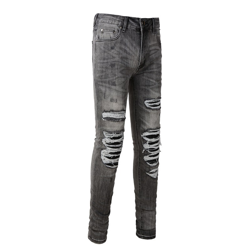 Men's Clothing Non mainstream personality patch jeans for men Handmade DIY knee destroyed gray casual pants for men_voghion.com