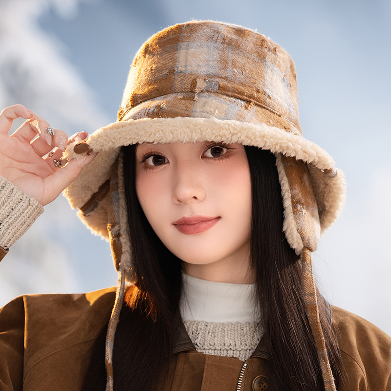 日系复古加绒加厚雷锋帽冬季格子纹防风保暖护耳帽休闲百搭毛绒帽|undefined
