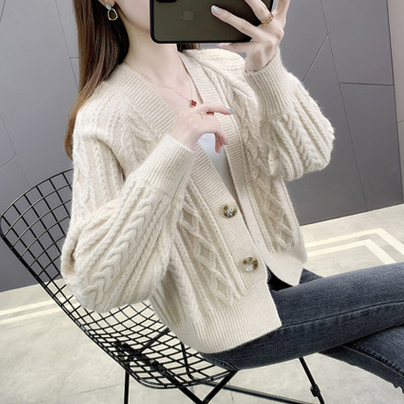 Knitted Cardigan Women's Sweater Spring and Autumn Korean Style Loose High-Waisted Petite Outerwear Short Coat Long-Sleeved Thickened