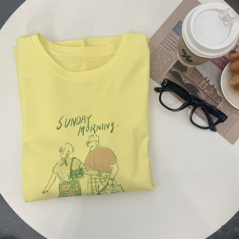 Ladies and gentlemen weekend shopping short sleeve women's new fashion loose slimming cotton round neck printed T-shirt