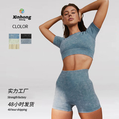 歐美水洗瑜伽套裝女兩件套夏季短袖瑜伽服套裝仿牛仔防震健身套裝