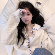 撞色设计感坑条翻领长袖毛衣外套秋季新款慵懒风宽松针织衫上衣女