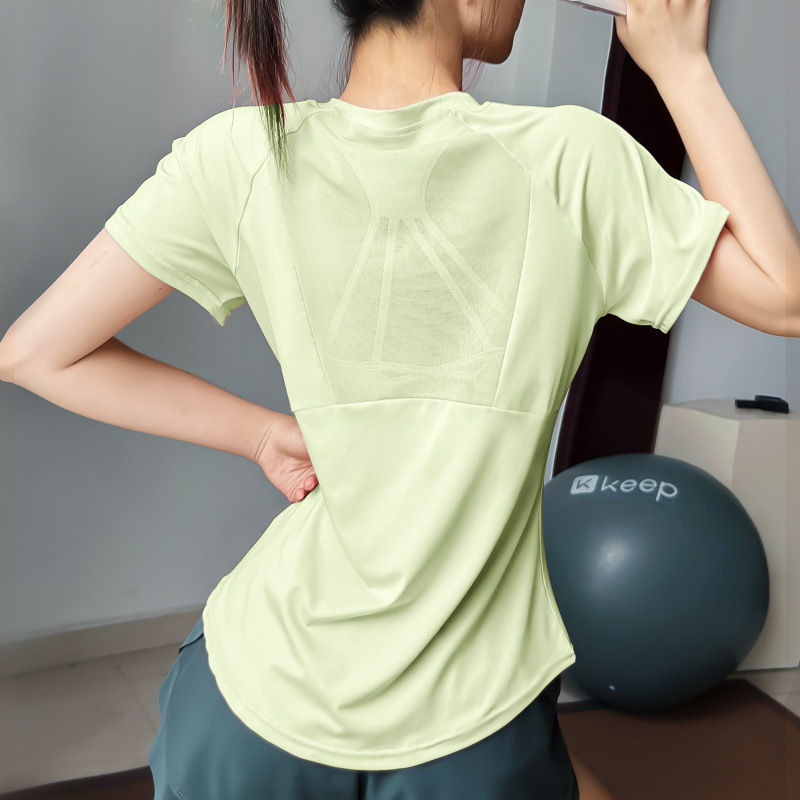 スポーツ半袖レディース速乾服夏ランニングフィットネス服ヨガ服美しいバックメッシュ弾性スリムトレーニングTシャツ新しい|undefined