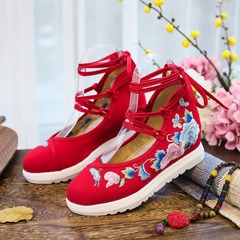 Embroidered floral cotton shoes with white base, high-heel wedge canvas embroidered women's single shoes with laces, retro ethnic style cotton shoes