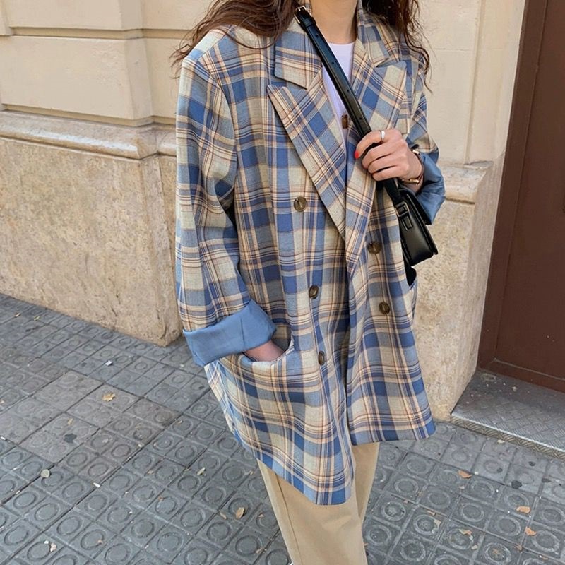 韩版2023秋复古撞色格子小西服宽松休闲洋气百搭外套女雪尼尔