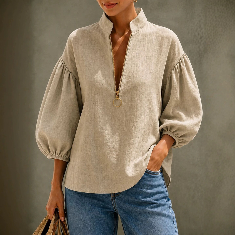 Amazon Cross-Border Women's Clothing V-Neck Metal Zipper Lantern Sleeve Loose Shirt Solid Color European and American Style Casual Top