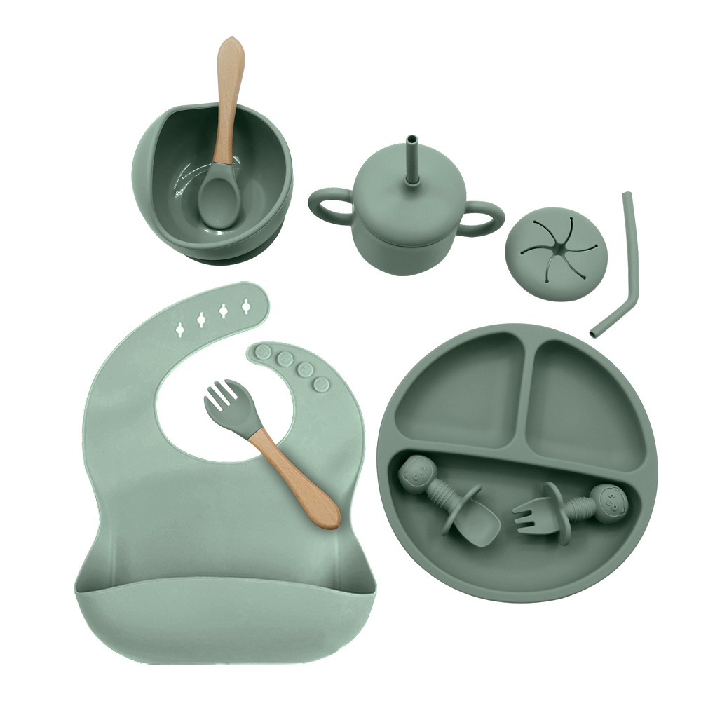  Set de vajilla infantil de silicona, 10 piezas, incluye plato, tazón, cubiertos y babero, ideal para bebés