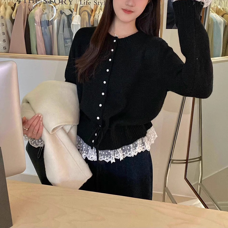 蕾丝花边系带韩系穿搭收腰毛衣女秋季新款时尚减龄遮肚针织衫上衣|undefined
