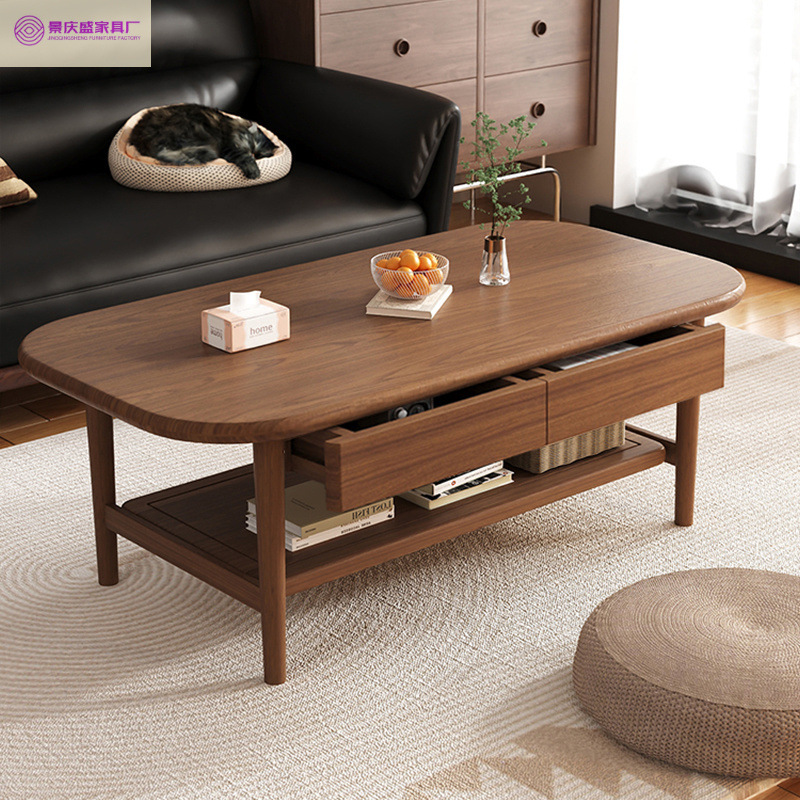 거실 홈 티 테이블 북유럽 스타일 전체 단단한 나무 커피 테이블 수납 낮은 테이블 작은 아파트 간단한 서랍이있는 더블 레이어 커피 테이블