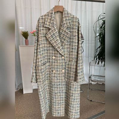 2022秋季新款小香风格纹粗纺花尼长款双排扣外套宽松廓形彩色格子