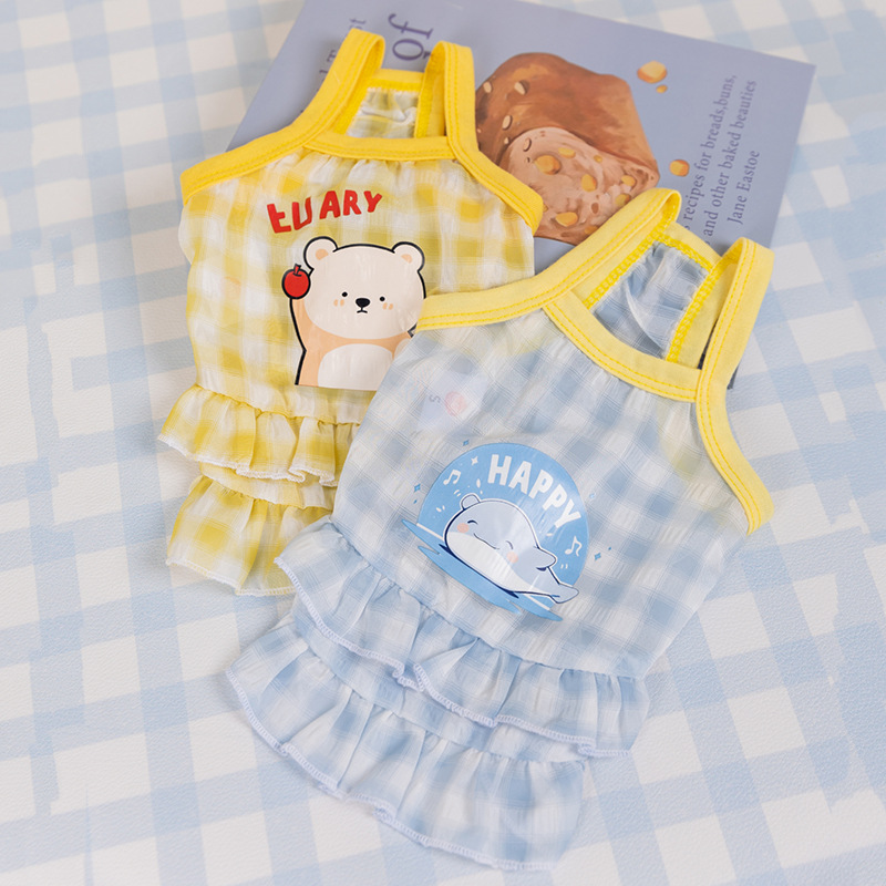 Primavera y verano perros lindos dibujos animados perros pequeños y medianos falda de caballo gato dos pies vestido de mascotas ropa de perro