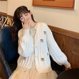 日系秋冬新款樱桃立体针织衫女宽松甜美清新气质百搭毛衣开衫外套