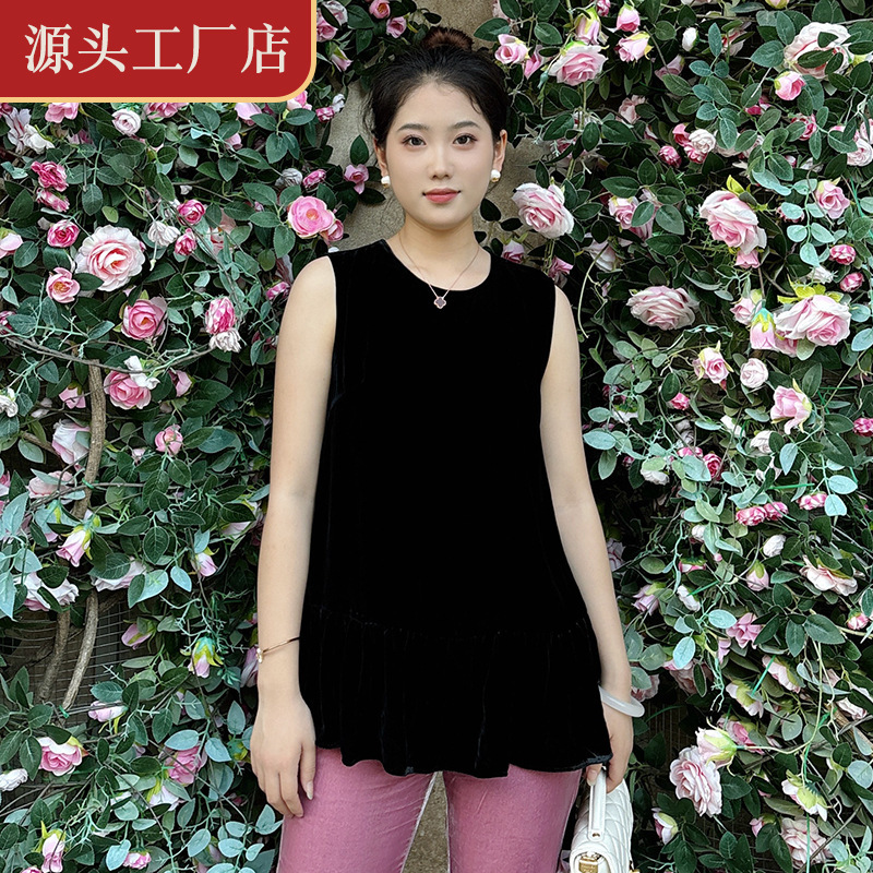 2024 Summer New Style Mulberry Picking Simple Style Silk Velvet Ruffled Slim Sleeveless Round Neck White Shirt for Women 2024 Summer New Style Mulberry Picking Simple Style Silk Velvet Ruffled Slim Sleeveless Round Neck White Shirt for Women