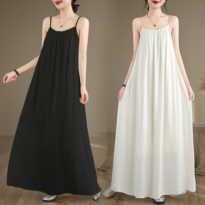 Real Shot White Drape Long Slip Skirt dress Summer New Travel Shot Pleated Elegant Long Skirt vest Skirt
