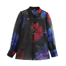 欧美女装外贸厂家春款印花欧根纱衬衣优雅轻熟风长袖轻薄上衣