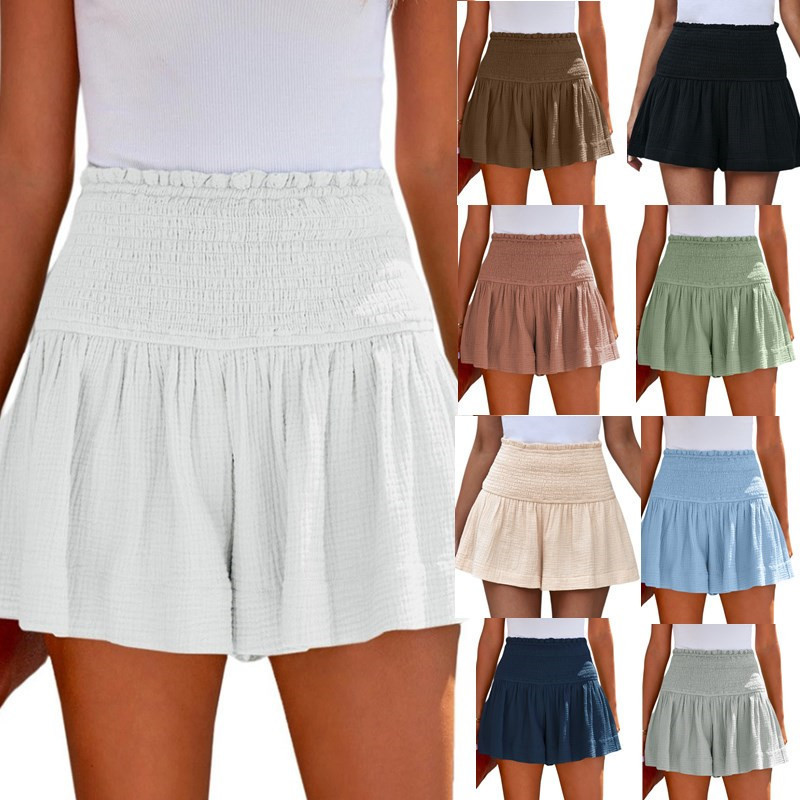 2023 Spring and Summer New Solid Color High Waist Pleated Shorts European and American Casual Cotton Linen Women's Three-point Pants