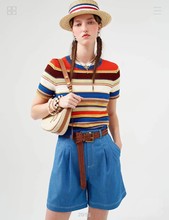 2023夏季新款女装彩虹条纹宽松休闲薄款套头针织衫