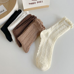 Knit lace ankle socks spring and autumn fashion Ins trendy cute Japanese solid color knee-high socks white cotton socks JK white